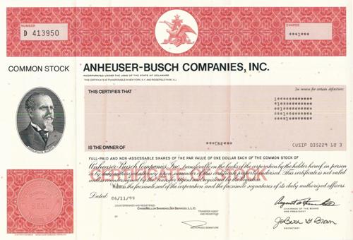 Anheuser-Busch Stock Certificate