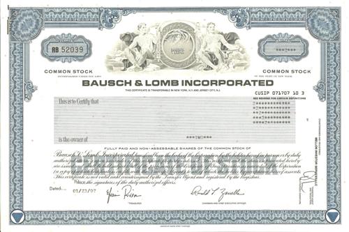 Bausch & Lomb Stock Certificate
