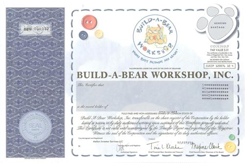 Build-A-Bear Workshop Stock Certificate