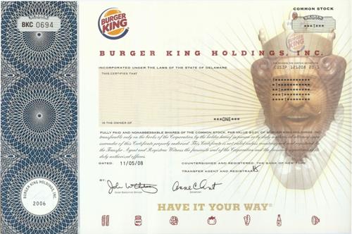 Burger King Stock Certificate