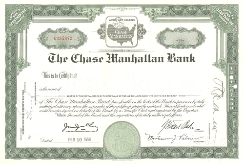 Chase Manhattan Bank Stock Certificate circa 1958
