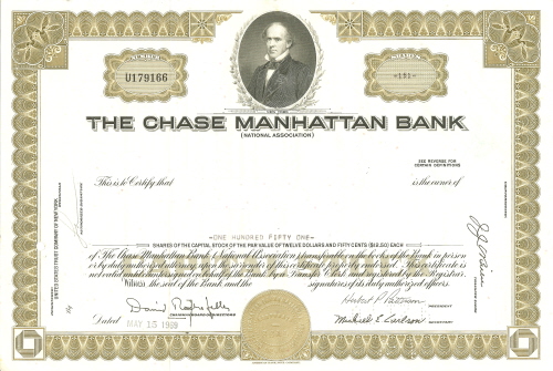Chase Manhattan Bank Stock Certificate circa 1969