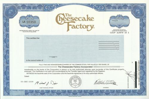 Cheesecake Factory Stock Certificate