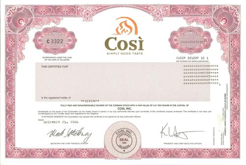 Cosi Stock Certificate