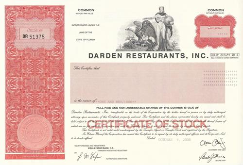 Darden Restaurants Stock Certificate