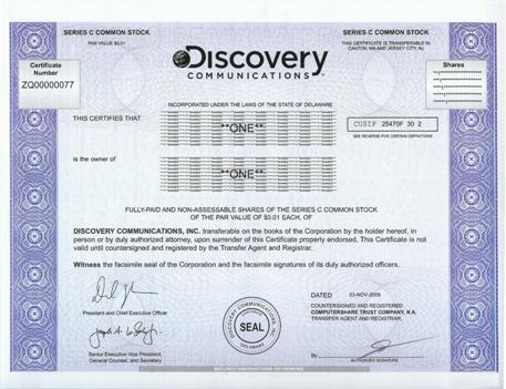 Discovery Communications Stock Certificate