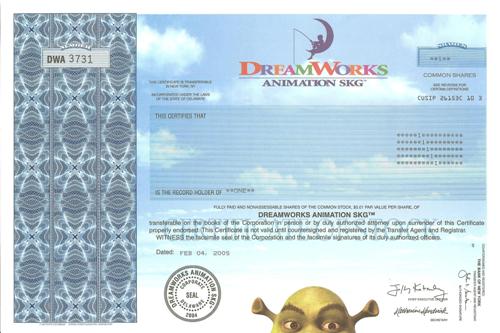 DreamWorks Animation Stock Certificate