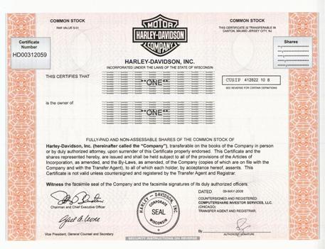 Harley-Davidson Stock Certificate