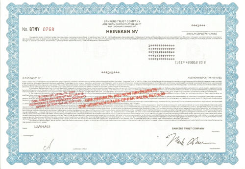 Heineken Stock Certificate circa 2002