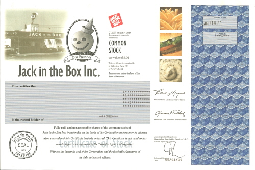 Jack in the Box Stock Certificate