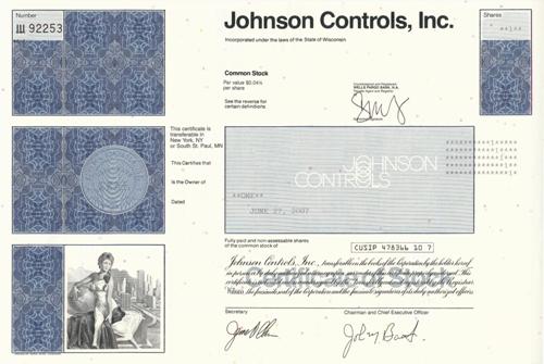 Johnson Controls Stock Certificate
