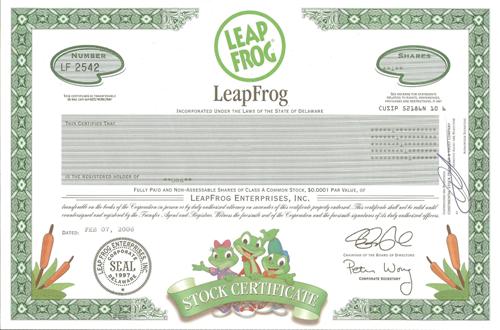 Leap Frog Stock Certificate