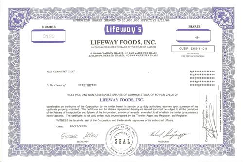 LifeWay Foods Stock Certificate