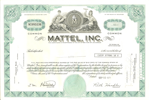 Mattel Stock Certificate circa 1971 50 Shares