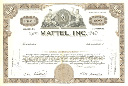 Mattel Stock Certificate circa 1970