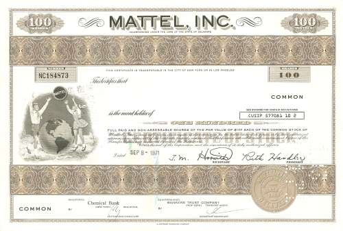 Mattel Stock Certificate circa 1971