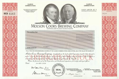 Molson Coors Stock Certificate