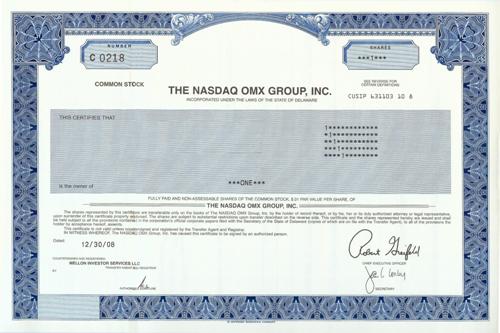 NASDAQ OMX Stock Certificate