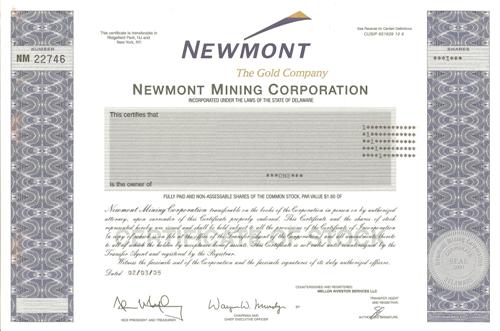 Newmont Mining Stock Certificate