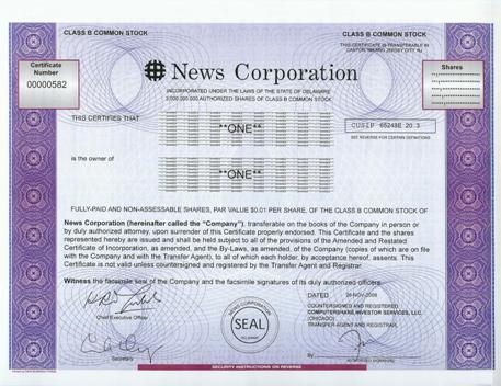 News Corporation Stock Certificate