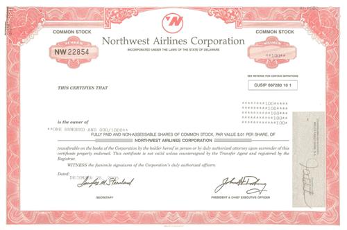 Northwest Airlines Stock Certificate