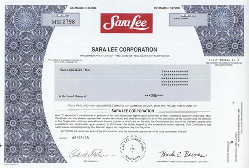 Sara Lee Stock Certificate