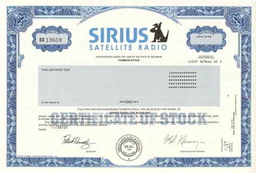 Sirius Satellite Radio Stock Certificate