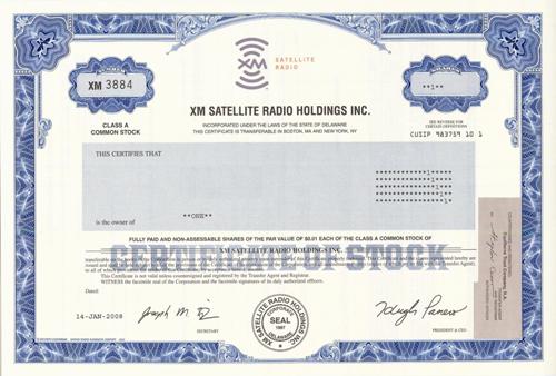 XM Satellite Radio Stock Certificate