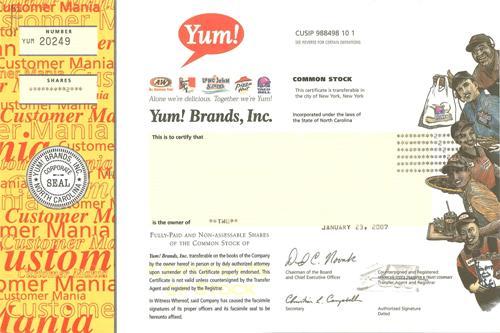 Yum Brands Stock Certificate